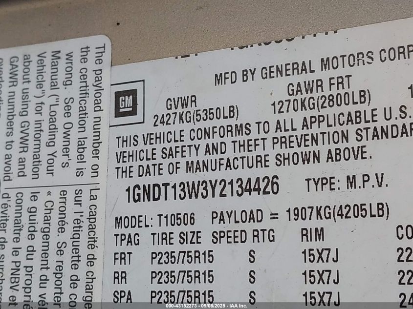 2000 Chevrolet Blazer Ls VIN: 1GNDT13W3Y2134426 Lot: 43152273