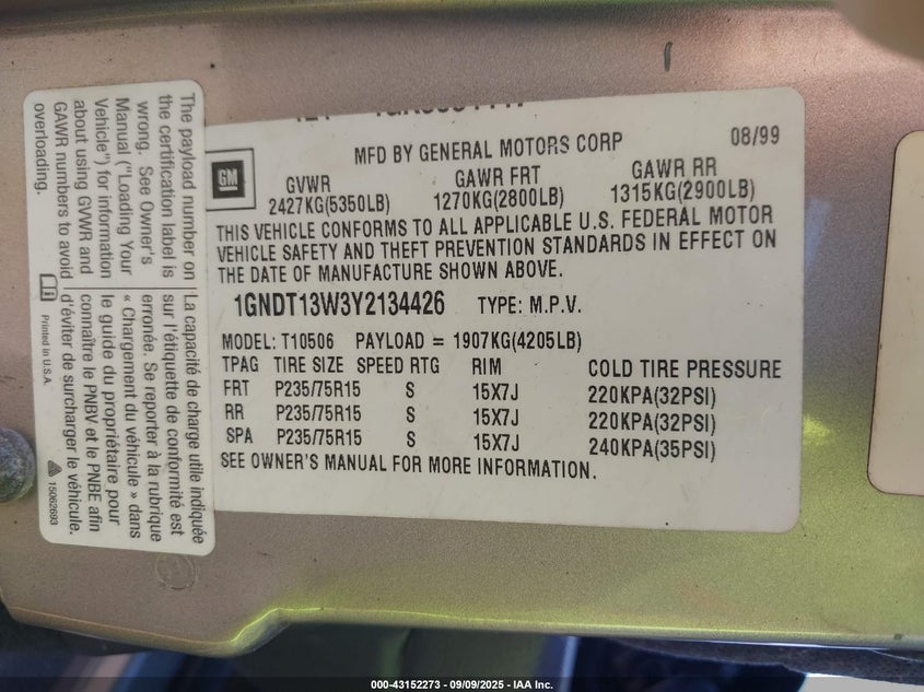 2000 Chevrolet Blazer Ls VIN: 1GNDT13W3Y2134426 Lot: 43152273