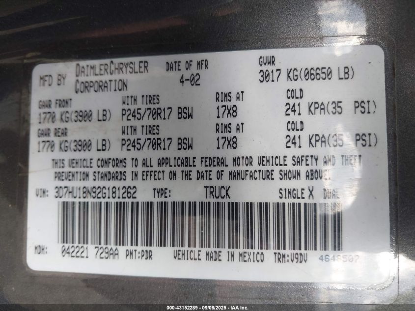 2002 Dodge Ram 1500 St VIN: 3D7HU18N92G181262 Lot: 43152289