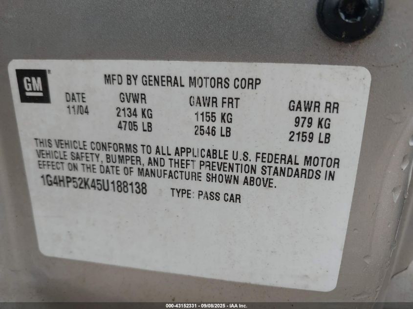 2005 Buick Lesabre Custom VIN: 1G4HP52K45U188138 Lot: 43152331
