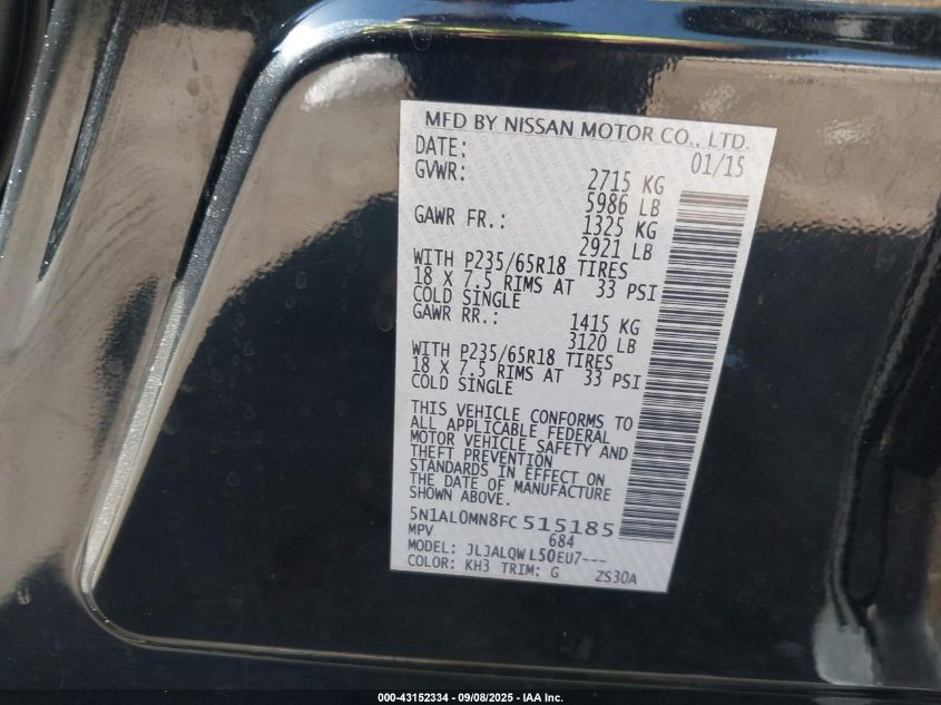 2015 Infiniti Qx60 VIN: 5N1AL0MN8FC515185 Lot: 43152334