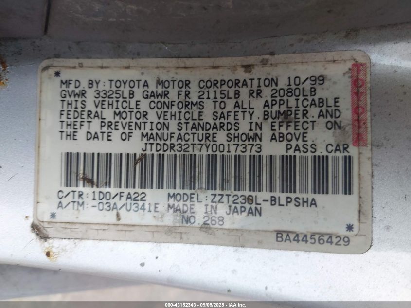 2000 Toyota Celica Gt VIN: JTDDR32T7Y0017373 Lot: 43152343