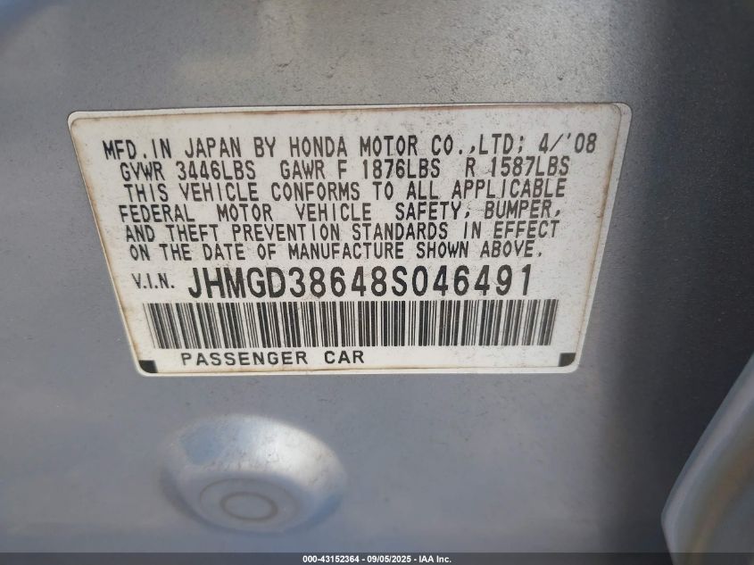 2008 Honda Fit Sport VIN: JHMGD38648S046491 Lot: 43152364