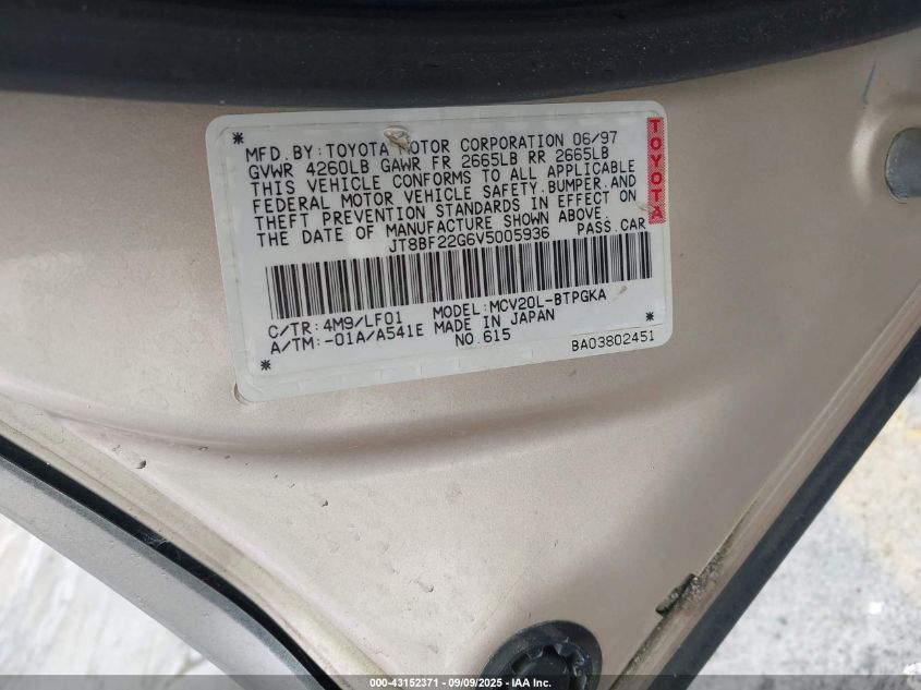 1997 Lexus Es 300 VIN: JT8BF22G6V5005936 Lot: 43152371