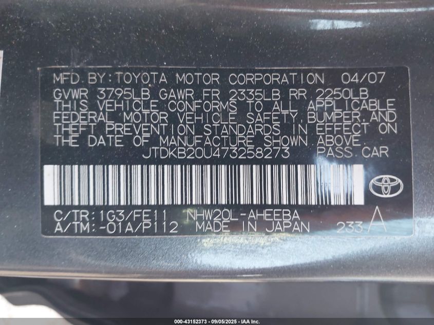 2007 Toyota Prius VIN: JTDKB20U473258273 Lot: 43152373