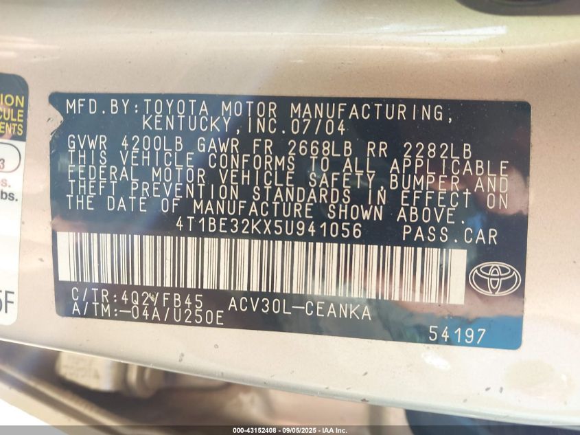 2005 Toyota Camry Le VIN: 4T1BE32KX5U941056 Lot: 43152408