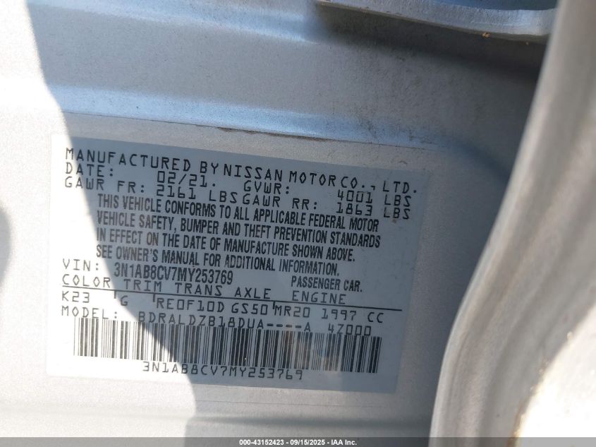 2021 Nissan Sentra Sv Xtronic Cvt VIN: 3N1AB8CV7MY253769 Lot: 43152423