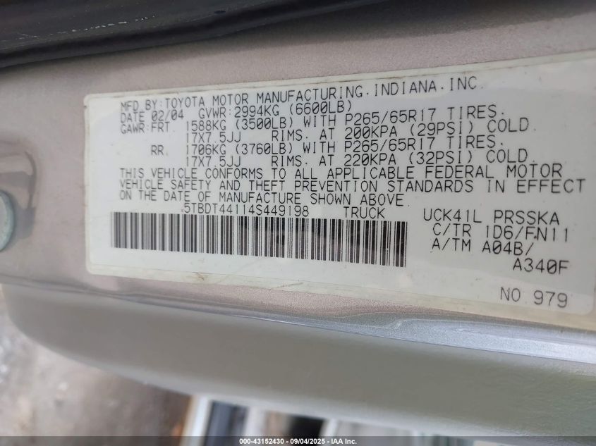 2004 Toyota Tundra Sr5 V8 VIN: 5TBDT44114S449198 Lot: 43152430