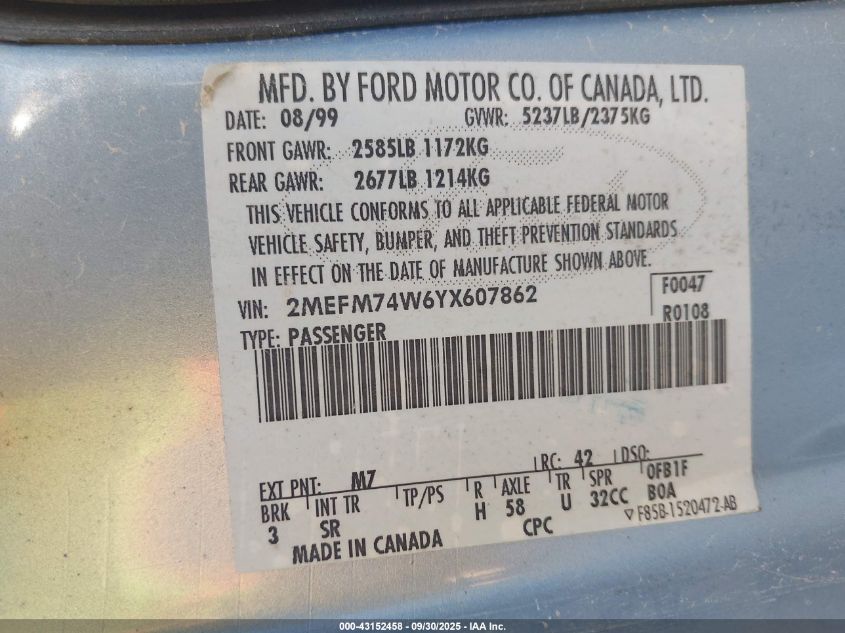 2000 Mercury Grand Marquis Gs VIN: 2MEFM74W6YX607862 Lot: 43152458