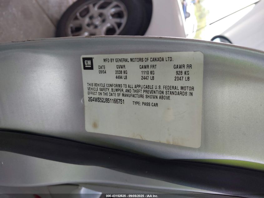 2005 Buick Century VIN: 2G4WS52J851166751 Lot: 43152525