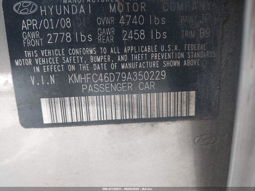 2009 Hyundai Azera Gls VIN: KMHFC46D79A350229 Lot: 43152531