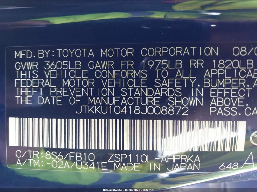 2008 Scion Xd VIN: JTKKU10418J008872 Lot: 43152550