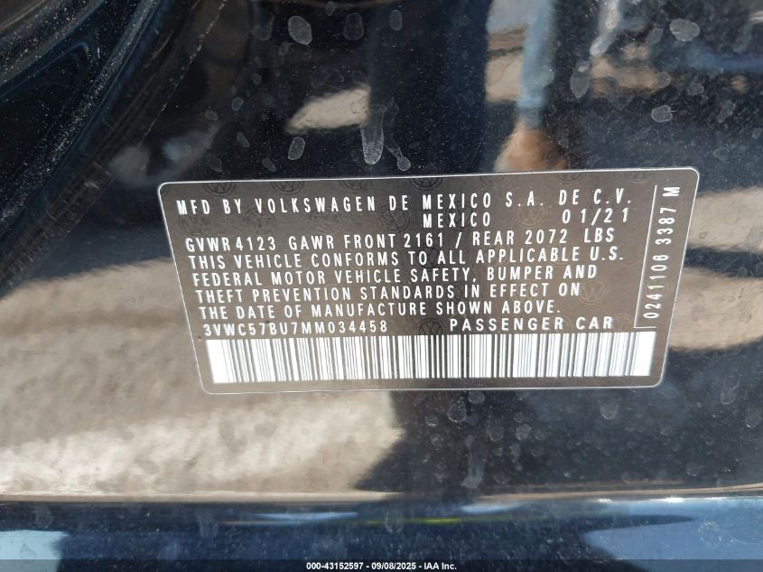 2021 Volkswagen Jetta 1.4T R-Line/1.4T S/1.4T Se VIN: 3VWC57BU7MM034458 Lot: 43152597