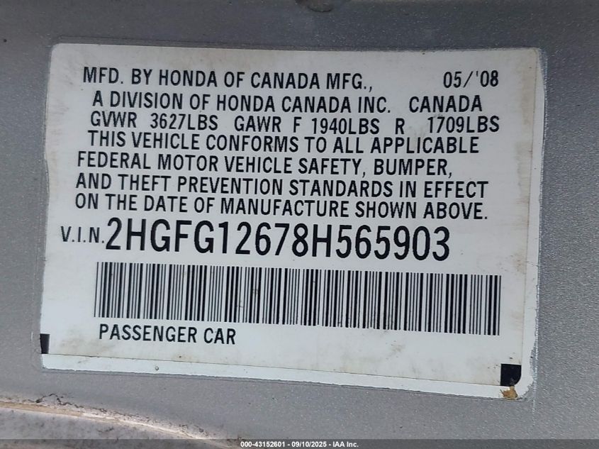 2008 Honda Civic Lx VIN: 2HGFG12678H565903 Lot: 43152601