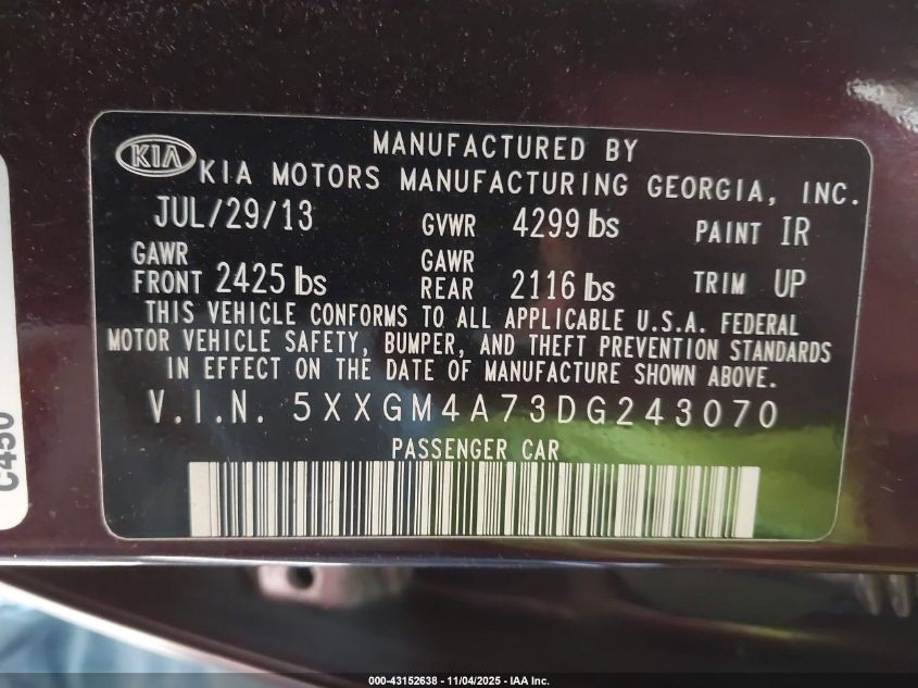 2013 Kia Optima Lx VIN: 5XXGM4A73DG243070 Lot: 43152638
