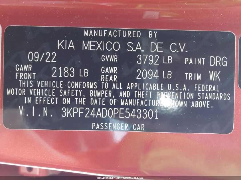 2023 Kia Forte Lxs VIN: 3KPF24AD0PE543301 Lot: 43152647