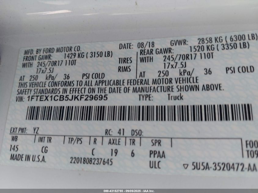 2018 Ford F-150 Xl VIN: 1FTEX1CB5JKF29695 Lot: 43152755