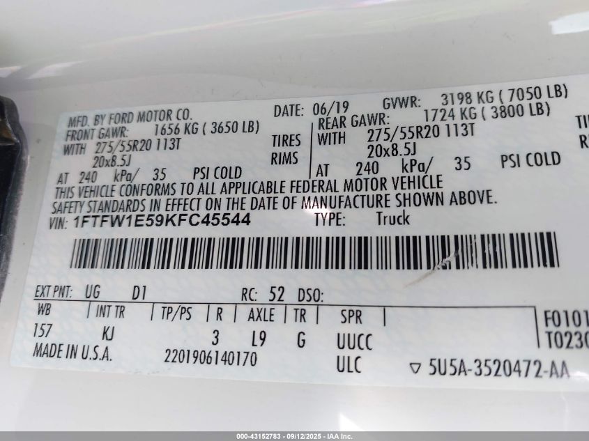 2019 Ford F-150 King Ranch VIN: 1FTFW1E59KFC45544 Lot: 43152783