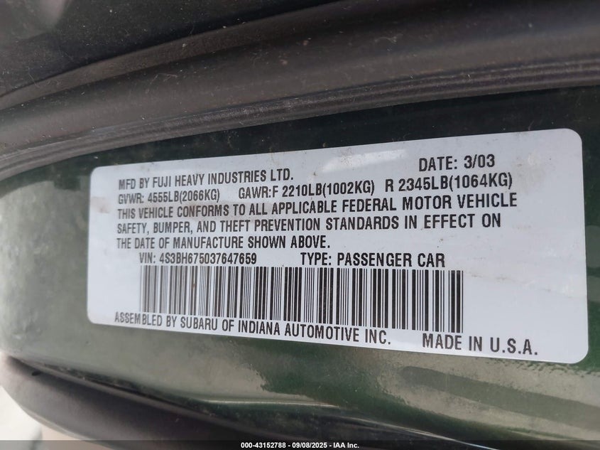 4S3BH675037647659 2003 SUBARU OUTBACK photo no. 9
