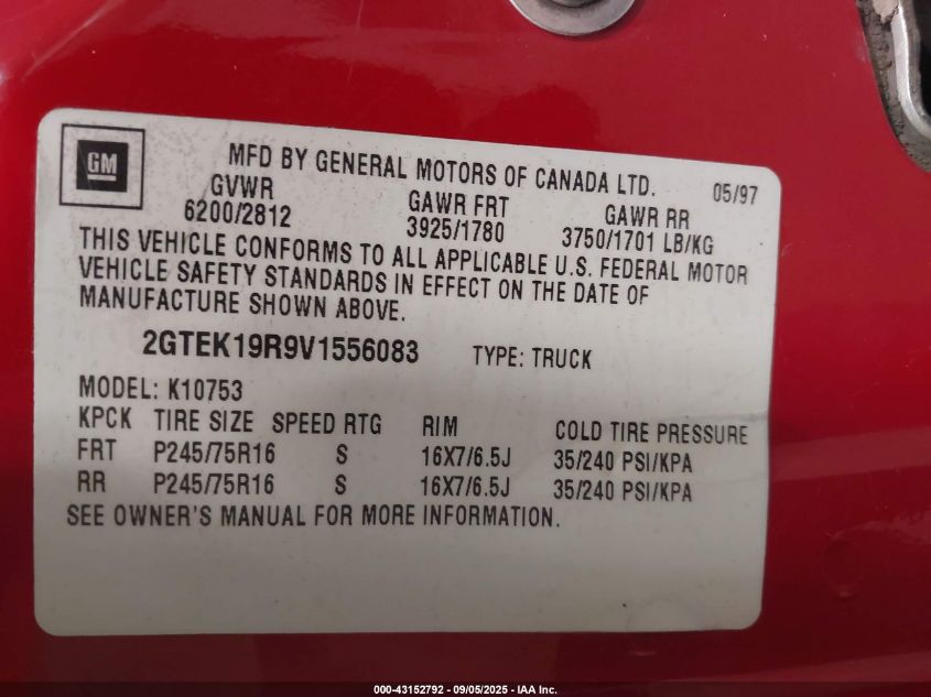 1997 GMC Sierra 1500 Sl Wideside VIN: 2GTEK19R9V1556083 Lot: 43152792