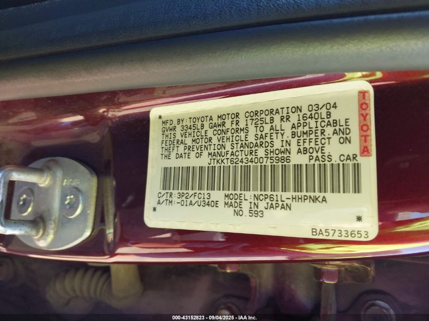 2004 Scion Xa VIN: JTKKT624340075986 Lot: 43152823