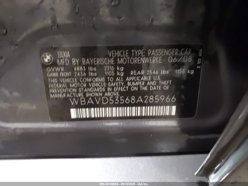 2008 BMW 335 Xi VIN: WBAVD53568A285966 Lot: 43152854