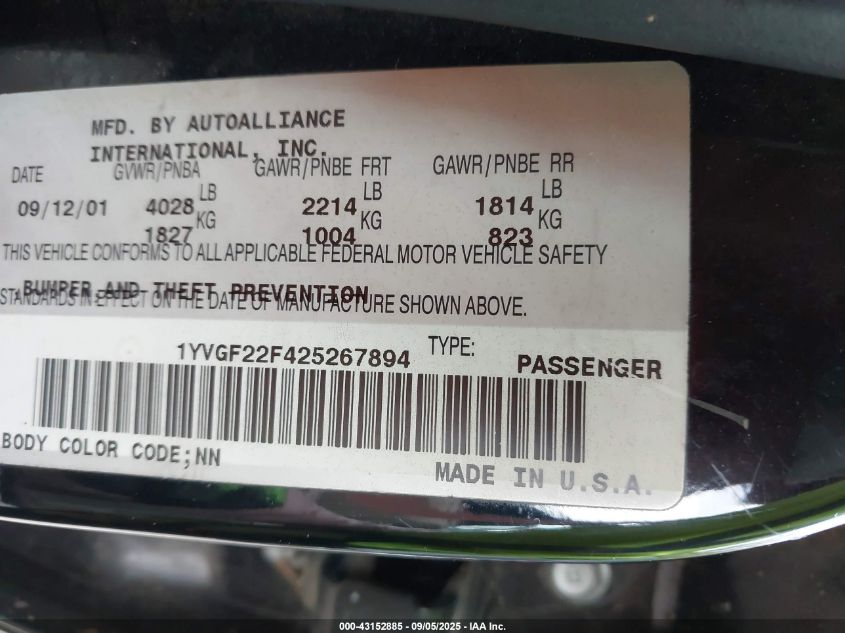 2002 Mazda 626 Es V6/Lx V6 VIN: 1YVGF22F425267894 Lot: 43152885