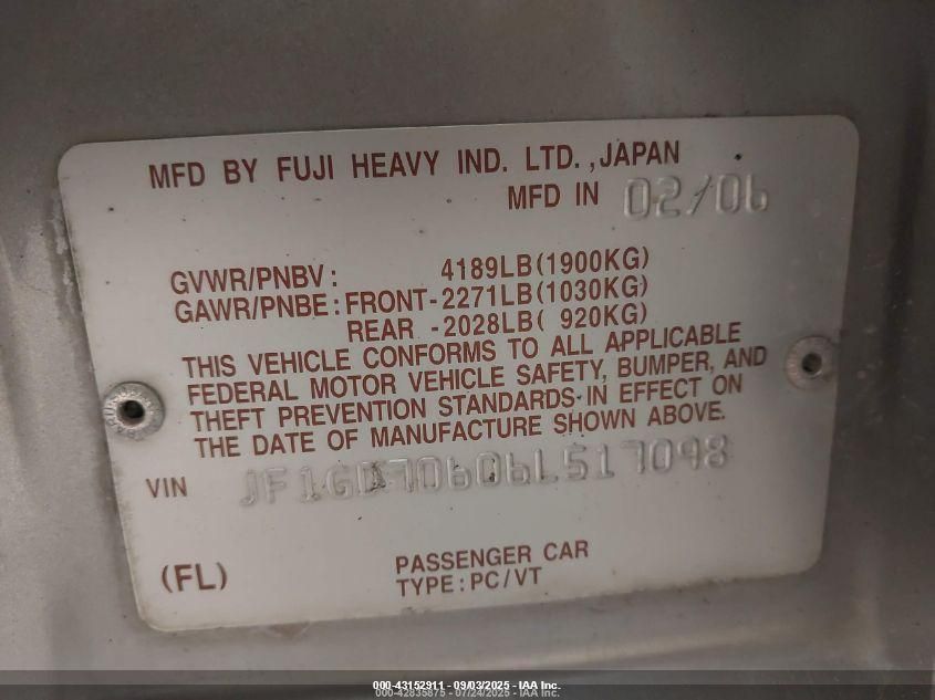 2006 Subaru Wrx Sti VIN: JF1GD70606L17098 Lot: 43152911