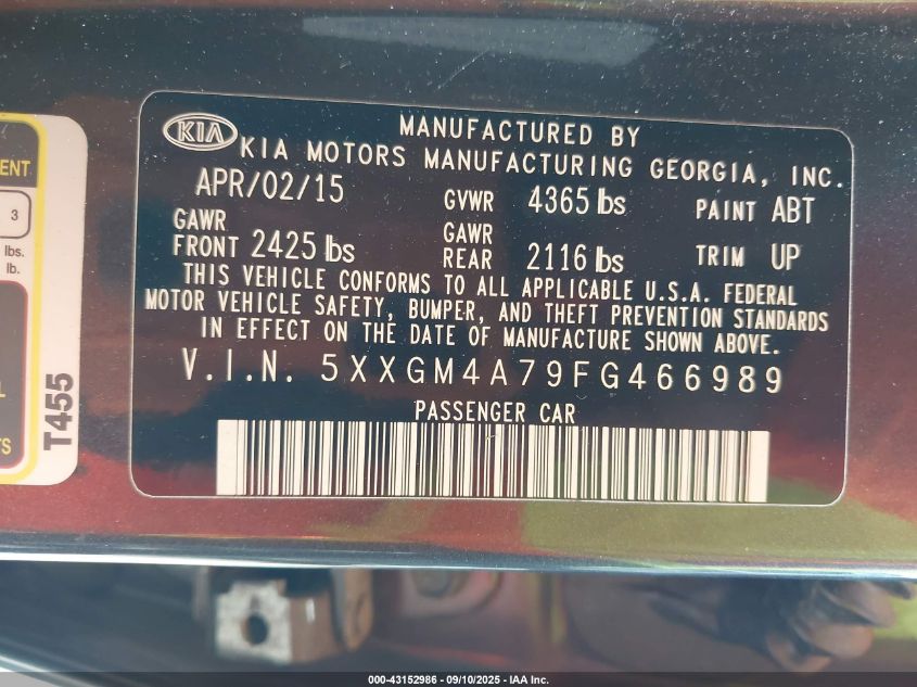 2015 Kia Optima Lx VIN: 5XXGM4A79FG466989 Lot: 43152986