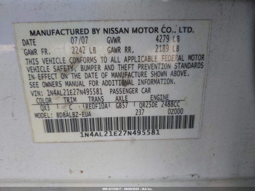 2007 Nissan Altima 2.5 S VIN: 1N4AL21E27N495581 Lot: 43153017