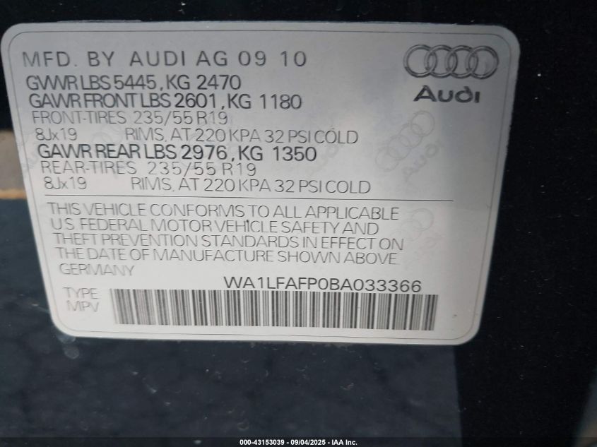 2011 Audi Q5 2.0T Premium VIN: WA1LFAFP0BA033366 Lot: 43153039