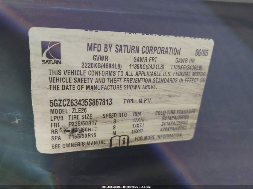 2005 Saturn Vue VIN: 5GZCZ63435S867813 Lot: 43153086