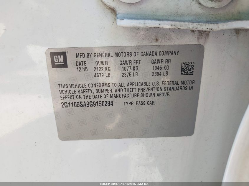 2016 Chevrolet Impala 1Lt VIN: 2G1105SA9G9150284 Lot: 43153107