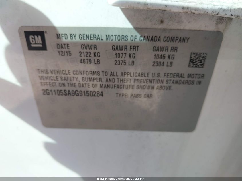 2016 Chevrolet Impala 1Lt VIN: 2G1105SA9G9150284 Lot: 43153107