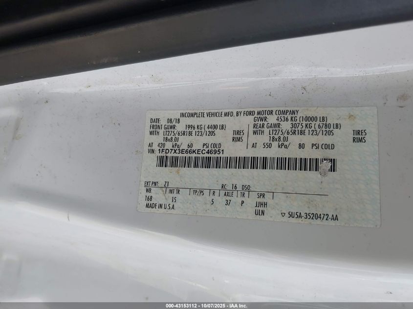 2019 Ford F-350 Chassis Xl VIN: 1FD7X3E66KEC46951 Lot: 43153112