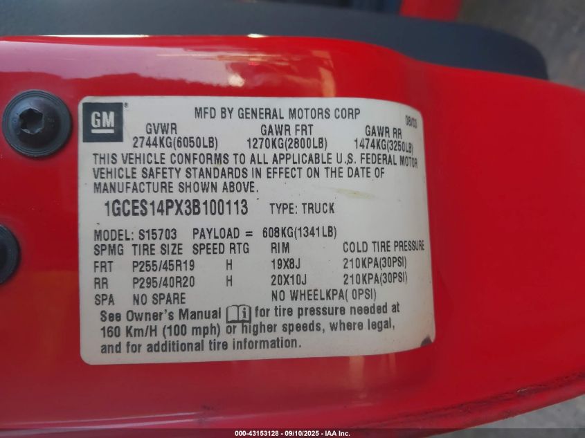 2003 Chevrolet Ssr Ls VIN: 1GCES14PX3B100113 Lot: 43153128