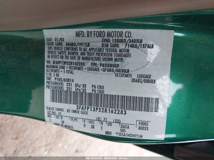 2002 Ford Escort VIN: 3FAFP13P52R162283 Lot: 43153149