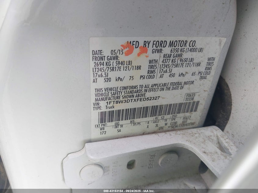 2015 Ford F-350 VIN: 1FT8W3DTXFED52327 Lot: 43153154