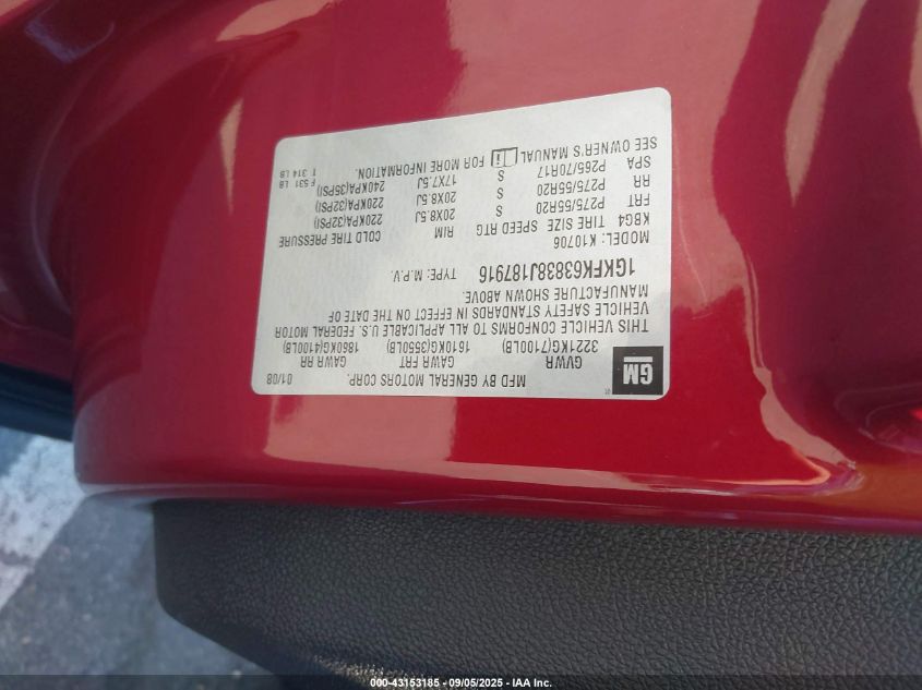 2008 GMC Yukon Denali VIN: 1GKFK63838J187916 Lot: 43153185