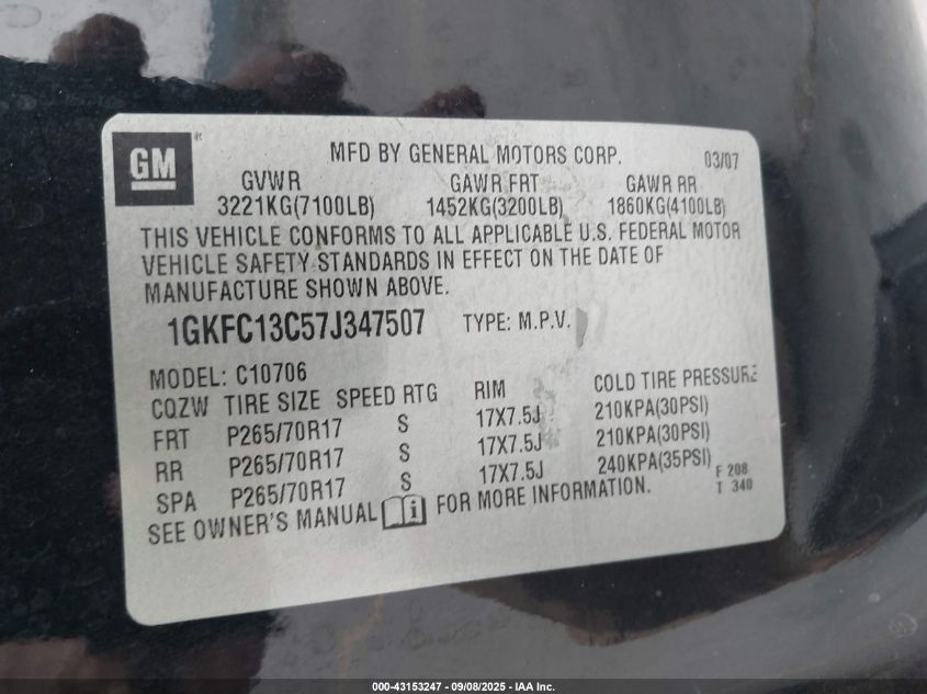 2007 GMC Yukon Sle VIN: 1GKFC13C57J347507 Lot: 43153247
