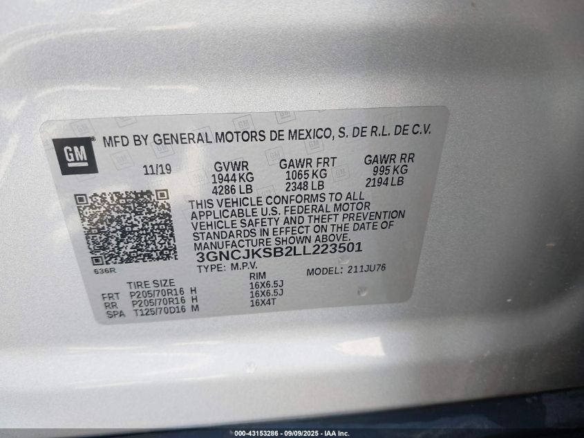 2020 Chevrolet Trax Fwd Ls VIN: 3GNCJKSB2LL223501 Lot: 43153286