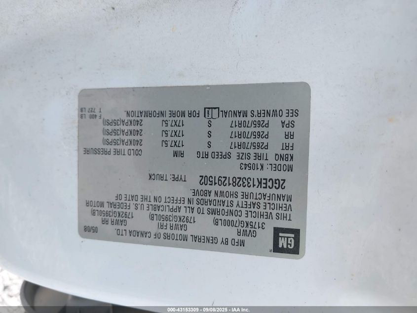 2008 Chevrolet Silverado 1500 Lt1 VIN: 2GCEK133281291502 Lot: 43153309