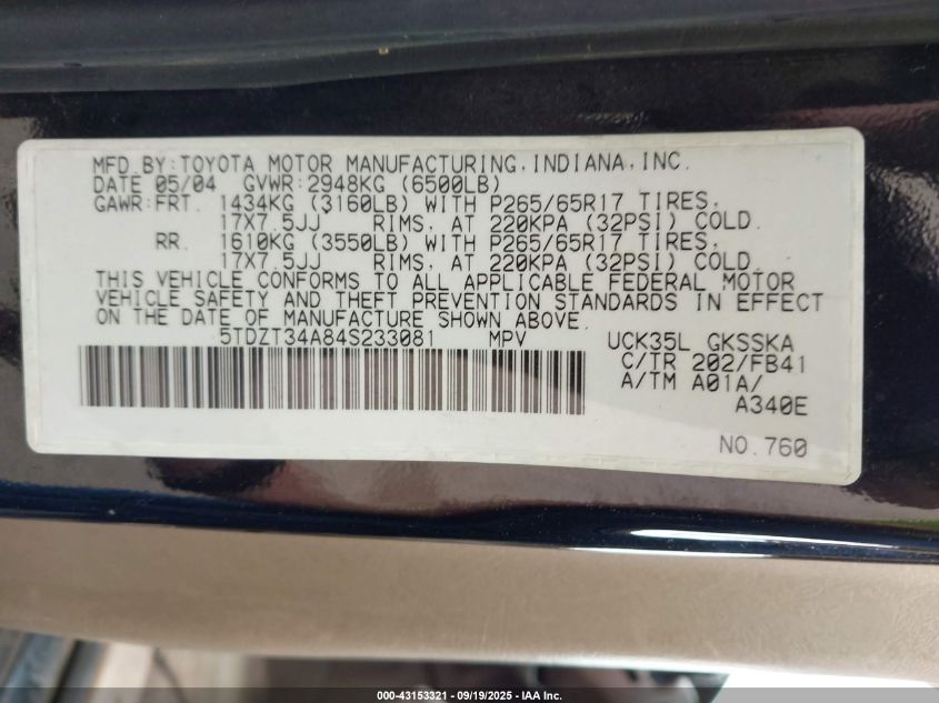 2004 Toyota Sequoia Sr5 V8 VIN: 5TDZT34A84S233081 Lot: 43153321