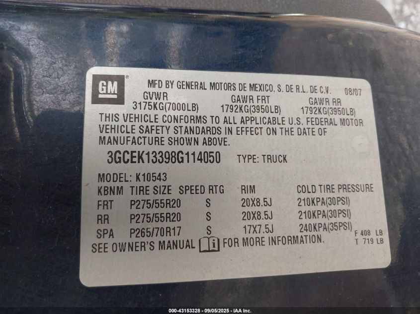 2008 Chevrolet Silverado 1500 Ltz VIN: 3GCEK13398G114050 Lot: 43153328