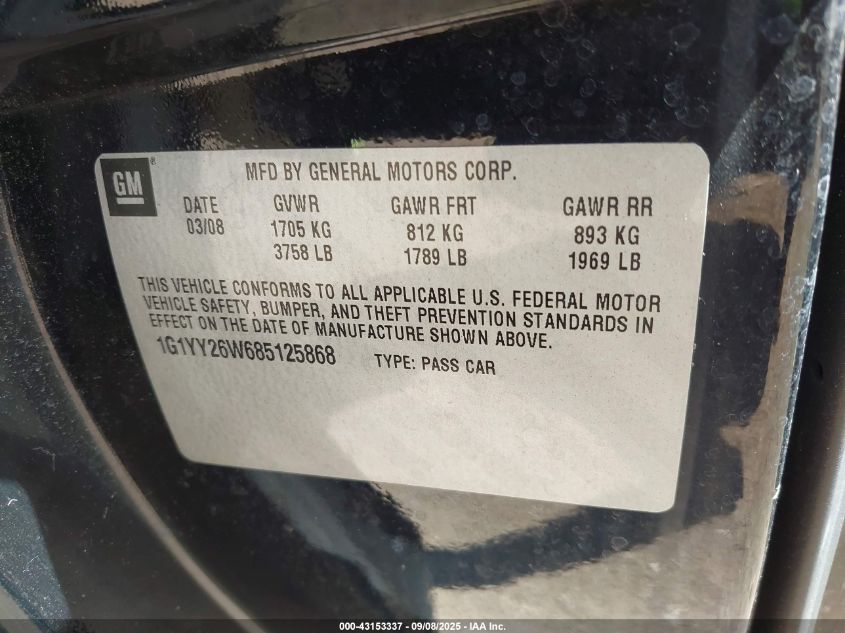 2008 Chevrolet Corvette VIN: 1G1YY26W685125868 Lot: 43153337