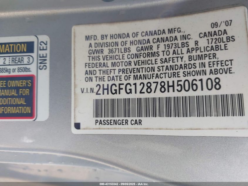 2008 Honda Civic Ex VIN: 2HGFG12878H506108 Lot: 43153342