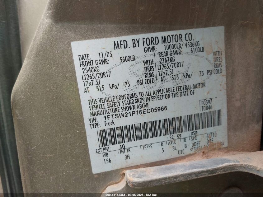 2006 Ford F-250 Lariat/Xl/Xlt VIN: 1FTSW21P16EC05966 Lot: 43153364