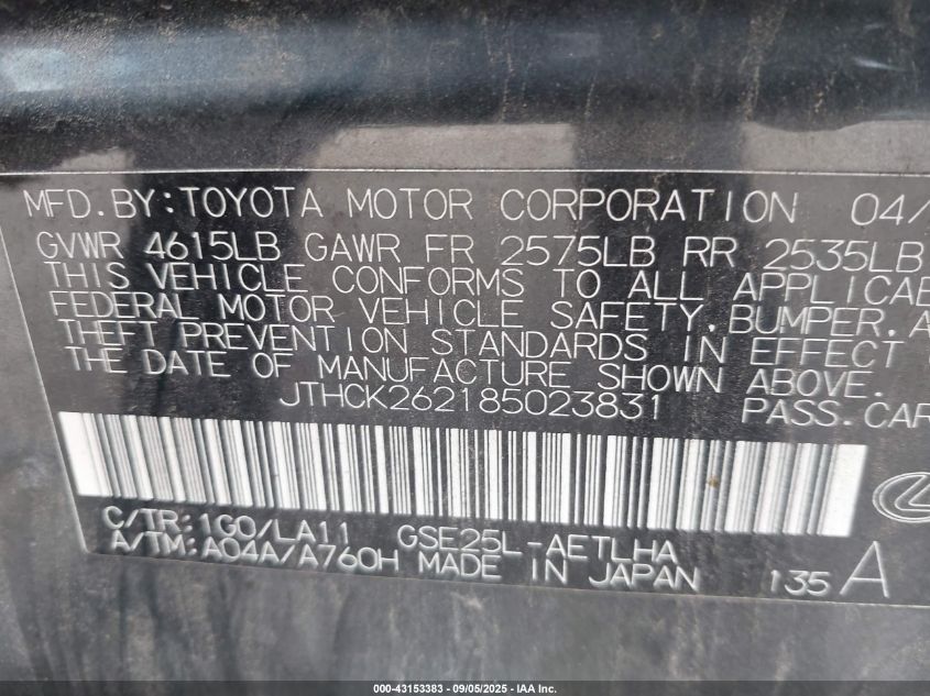 2008 Lexus Is 250 VIN: JTHCK262185023831 Lot: 43153383