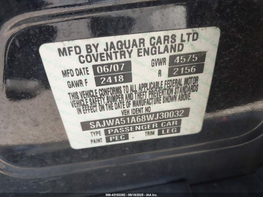 2008 Jaguar X-Type 3.0 VIN: SAJWA51A68WJ30032 Lot: 43153392