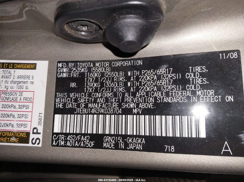 2009 Toyota 4Runner Sr5 V6 VIN: JTEBU14R39K038704 Lot: 43153400